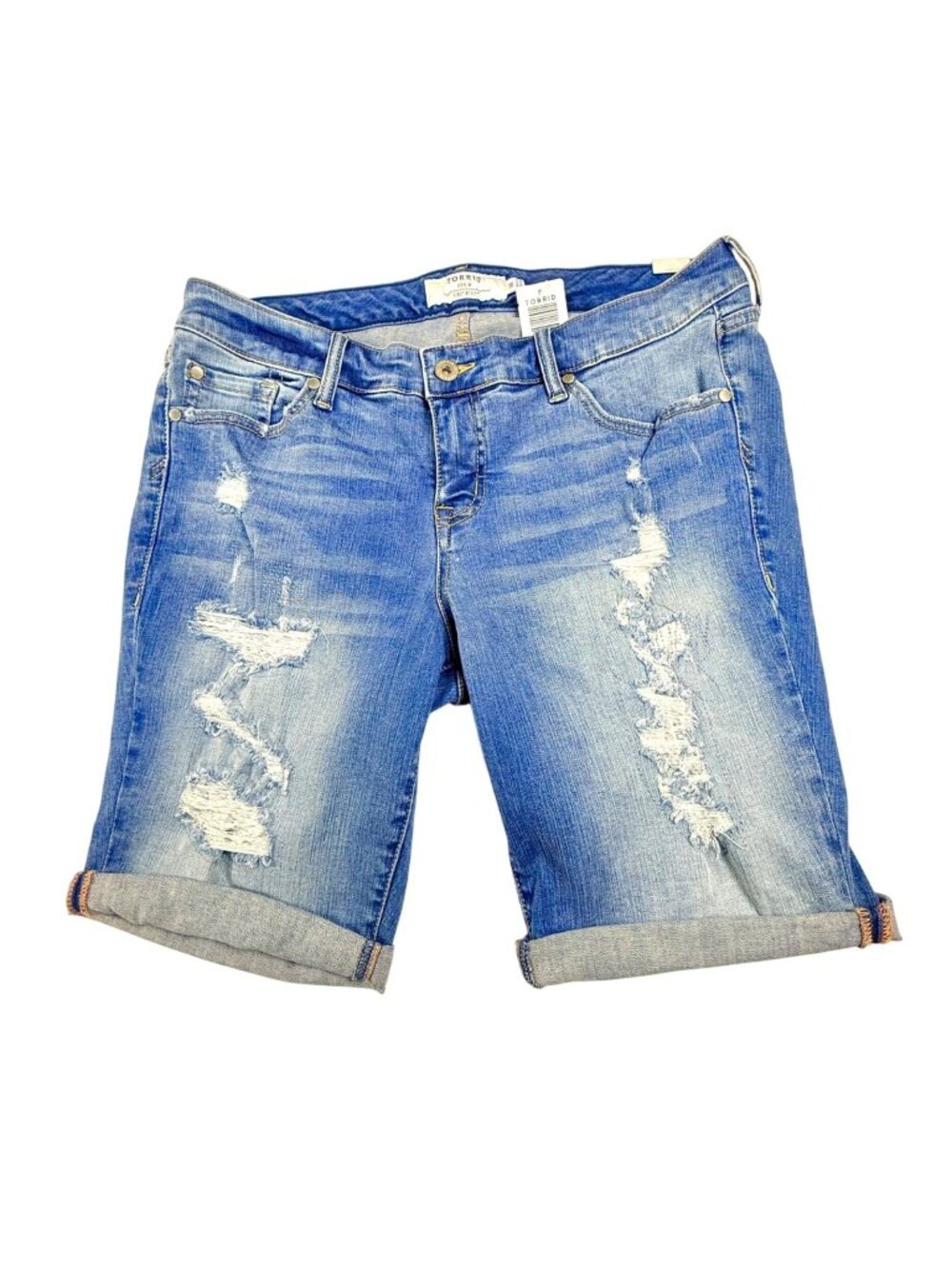Torrid Med. Wash Denim Women's Distressed Bermuda Shorts Size 14 NWT - READ